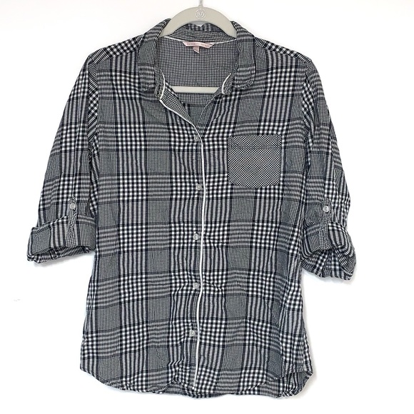 Victoria’s Secret Black White Micro Plaid Roll Sleeve Button Down PJ Top Medium - Picture 2 of 6